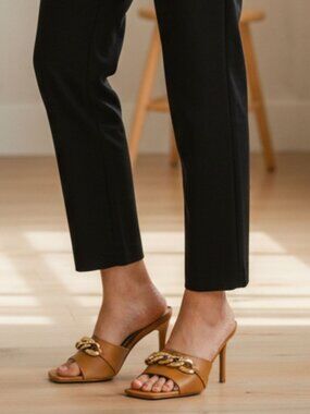 Tan Open-Toe Stiletto Heels With Gold Chain Detail